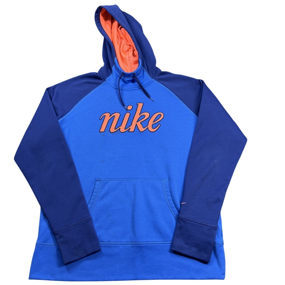 Nike Hoodie Mens XL Blue Orange Therma Fit Pullover‎ Script Logo Raglan